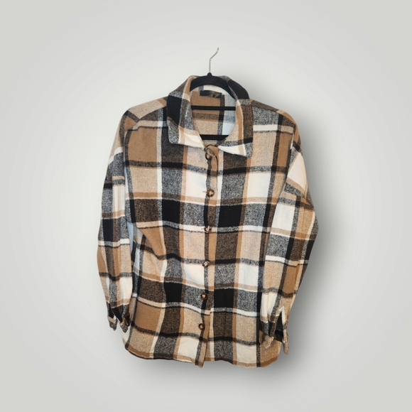 Pretty garden Plaid Flannel Shacket Women Large Brown Button Up Oversize… - Picture 9 of 15